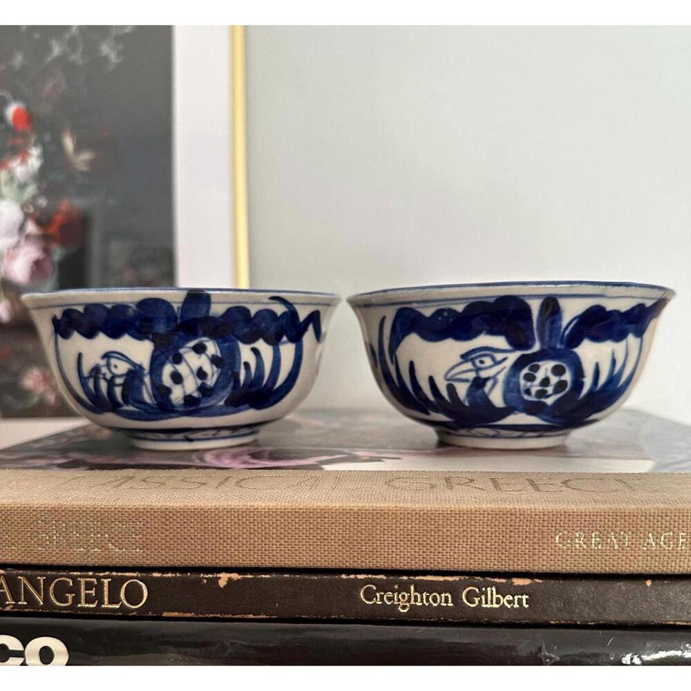 Two Vintage Blue & White Hand Painted Bowls Made in Vietnam Floral & Bird Design